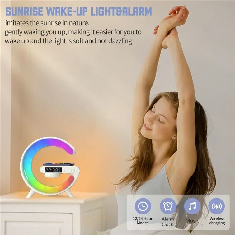 G63 Rgb Light Bluetooth Speaker With 10w Wireless Charging 4 In 1 Led Atmosphere Rgb Night Light Alarm Clock Desk Lamp Bluetooth Speaker Wireless Charging Modern