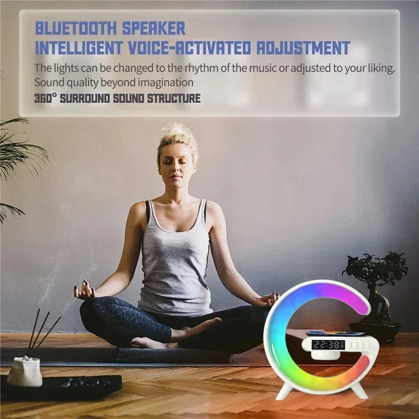 G63 Rgb Light Bluetooth Speaker With 10w Wireless Charging 4 In 1 Led Atmosphere Rgb Night Light Alarm Clock Desk Lamp Bluetooth Speaker Wireless Charging Modern