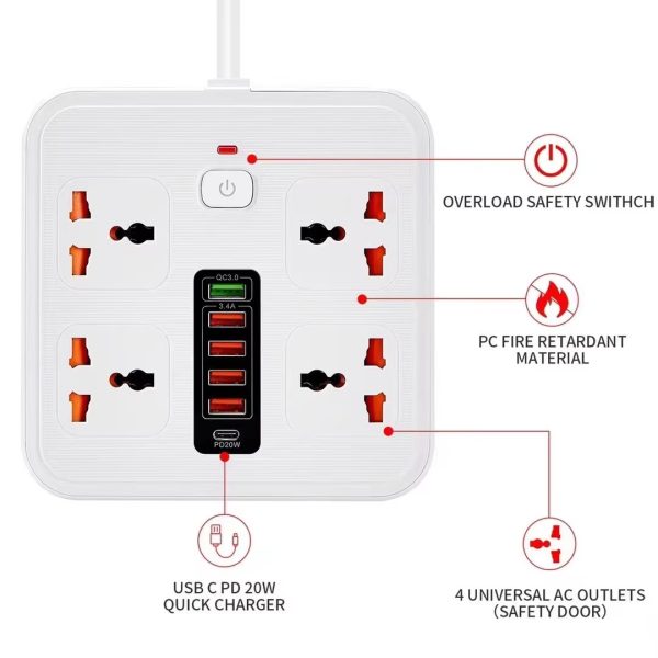 Power Socket / Power Strip / Power Extension With Type-c Pd 20w + Usb Qc 3.0 Fast Charging 6 Ports, Universal Power Socket / 4-way Power Strip / 2m Extension Cable