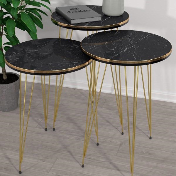 (1 Piece) Black Marble Look With Gold Metal Legs Coffee Table.