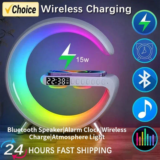 G63 Rgb Light Bluetooth Speaker With 10w Wireless Charging 4 In 1 Led Atmosphere Rgb Night Light Alarm Clock Desk Lamp Bluetooth Speaker Wireless Charging Modern