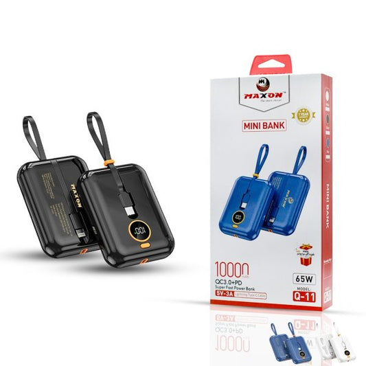 Maxon Q-11 65w 10000mah Mini Power Bank Fast Charging 2 Cables Attached Ios And ( Type-C  ) free Gift Inside (random Color)