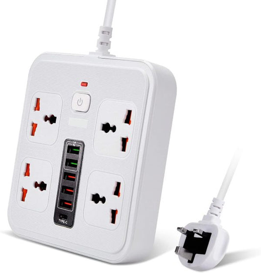 Power Socket / Power Strip / Power Extension With Type-c Pd 20w + Usb Qc 3.0 Fast Charging 6 Ports, Universal Power Socket / 4-way Power Strip / 2m Extension Cable